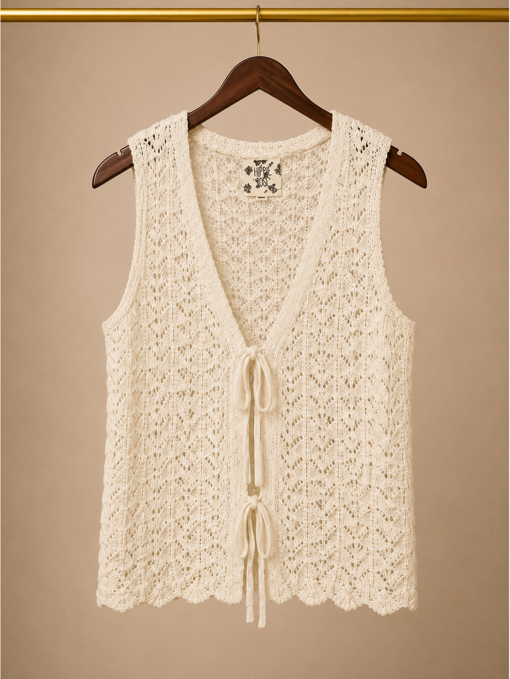 Hippie Rose Double Tie-Front Open-Stitch Pointelle Sweater Vest - Cream (Small)